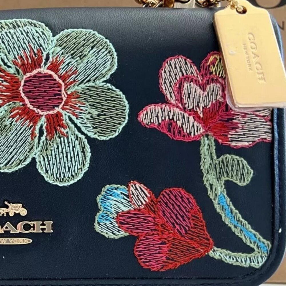 COACH Embroidered Navy Leather Dreamy Floral Klare Gold Accents & Strap NWT - Picture 10 of 12